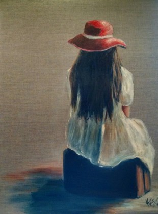 "Linger" size 60cm x 76cm acrylic on linen canvas (girl on suitcase) $520