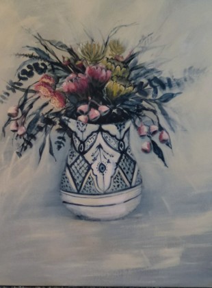 "natives in a blue and white vase" 76cm x 76cm acrylic on canvas painting $480