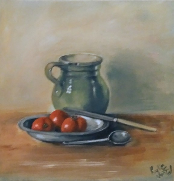 Green jug with tomatoes