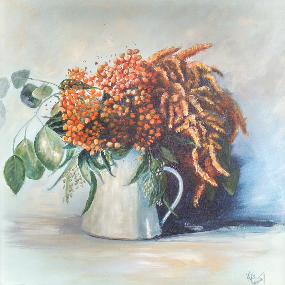 Pittosporum berries in a jug painting by Kylie van Tol
