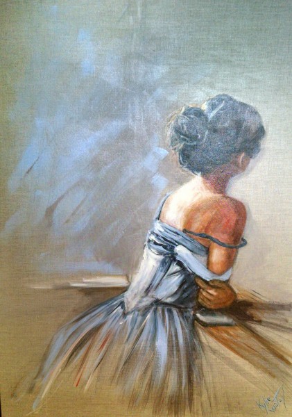 "Sitting pretty" (lady) size 100cm x 76cm acrylic on linen canvas available for sale at the Aarwun gallery Canberra