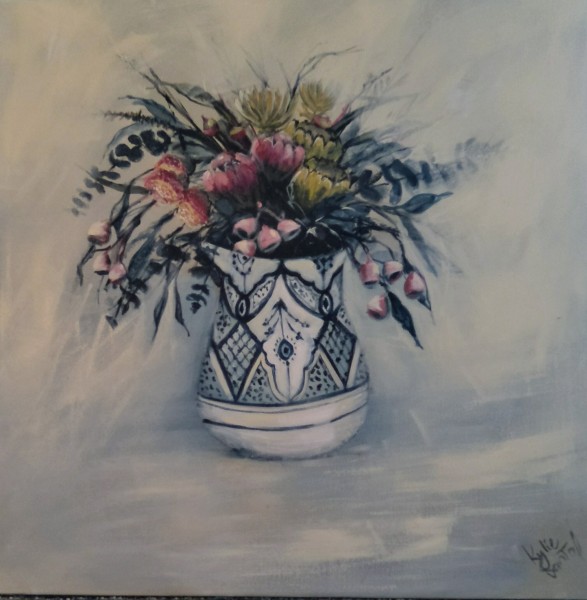 "natives in a blue and white vase" 76cm x 76cm acrylic on canvas painting $480