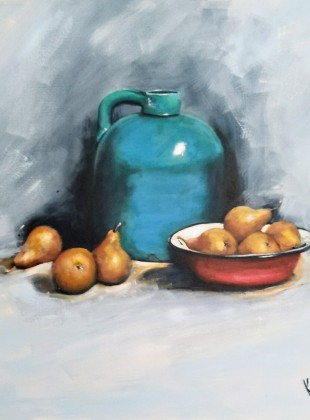 "teal bottle with pears" 90cm x 90cm acrylic on canvas painting $880