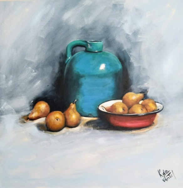 "teal bottle with pears" 90cm x 90cm acrylic on canvas painting $880 