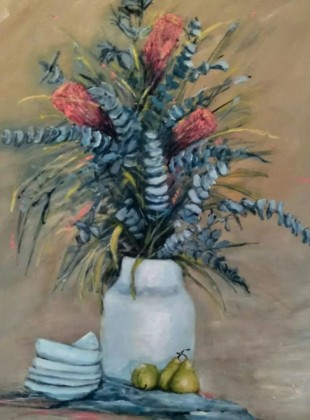 "natives in white vase" 100cm x 76cm acrylic on canvas painting $580